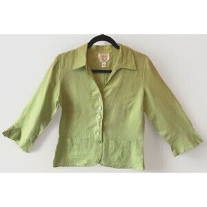 Talbots Blazer Shirt Women's Size 6P 100% Linen Button-Up Light Green‎ Pockets